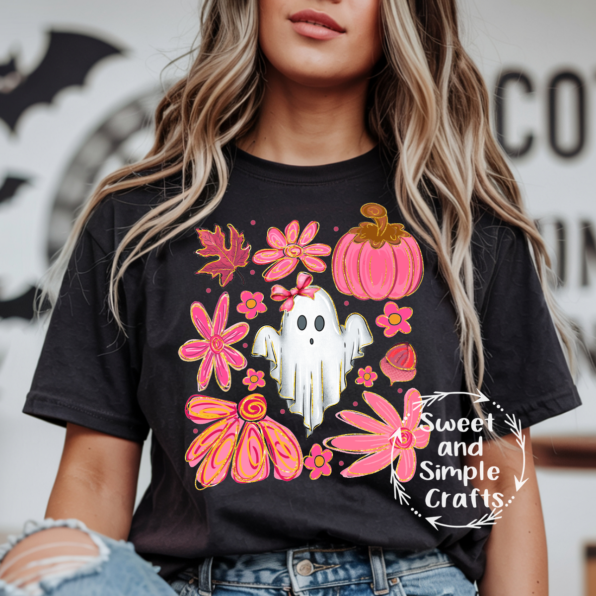 Ghost with pink flowers and pumpkins T-shirt