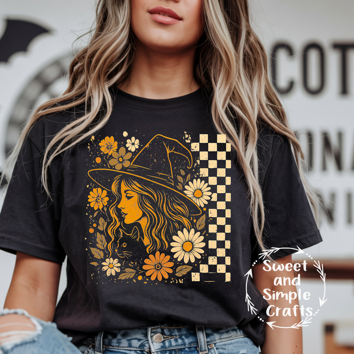 Checkered witch with flowers T-shirt