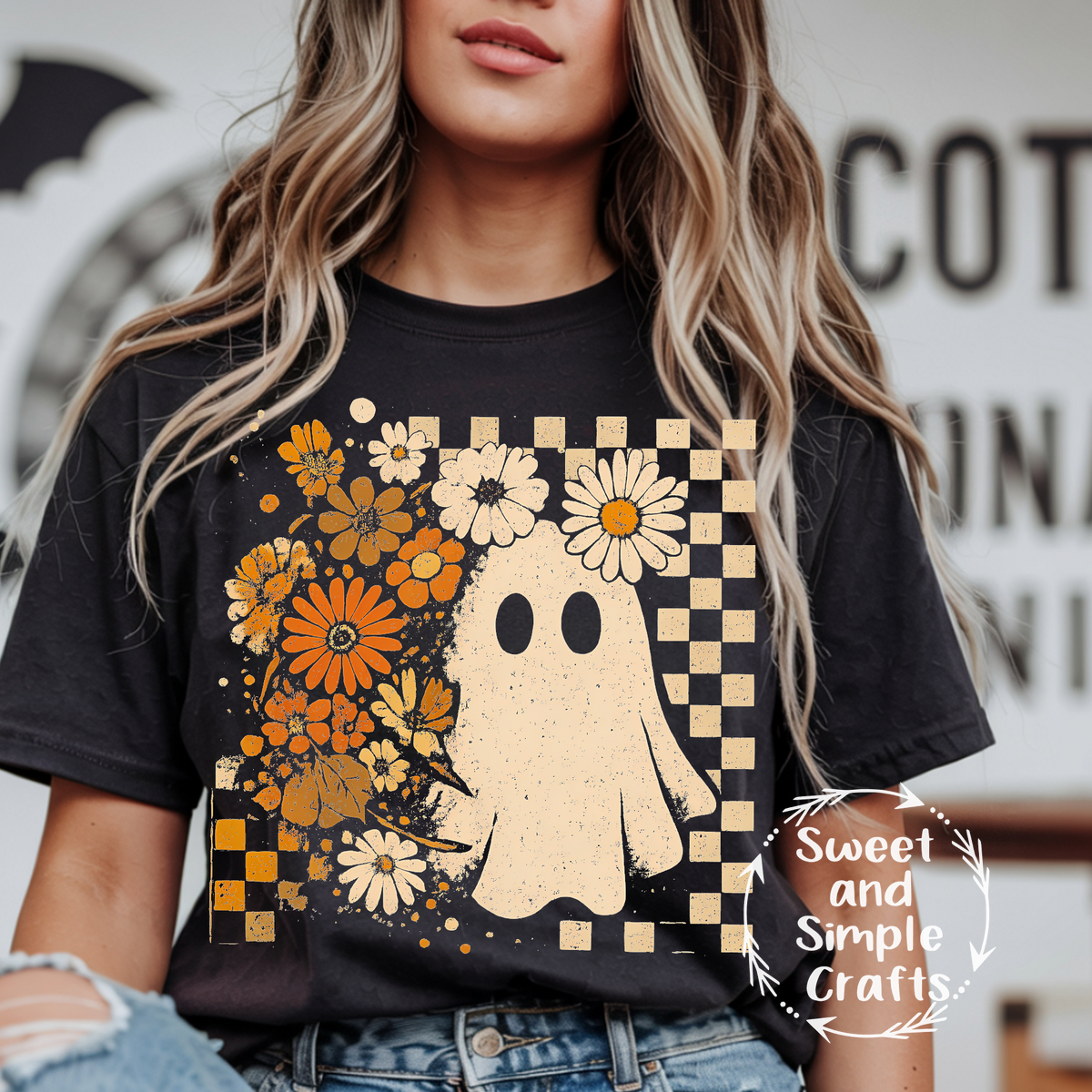 Checkered ghost with flowers T-shirt