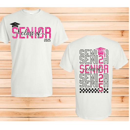 Senior of 2025 Pink glitter Front and back Graduation T-shirt