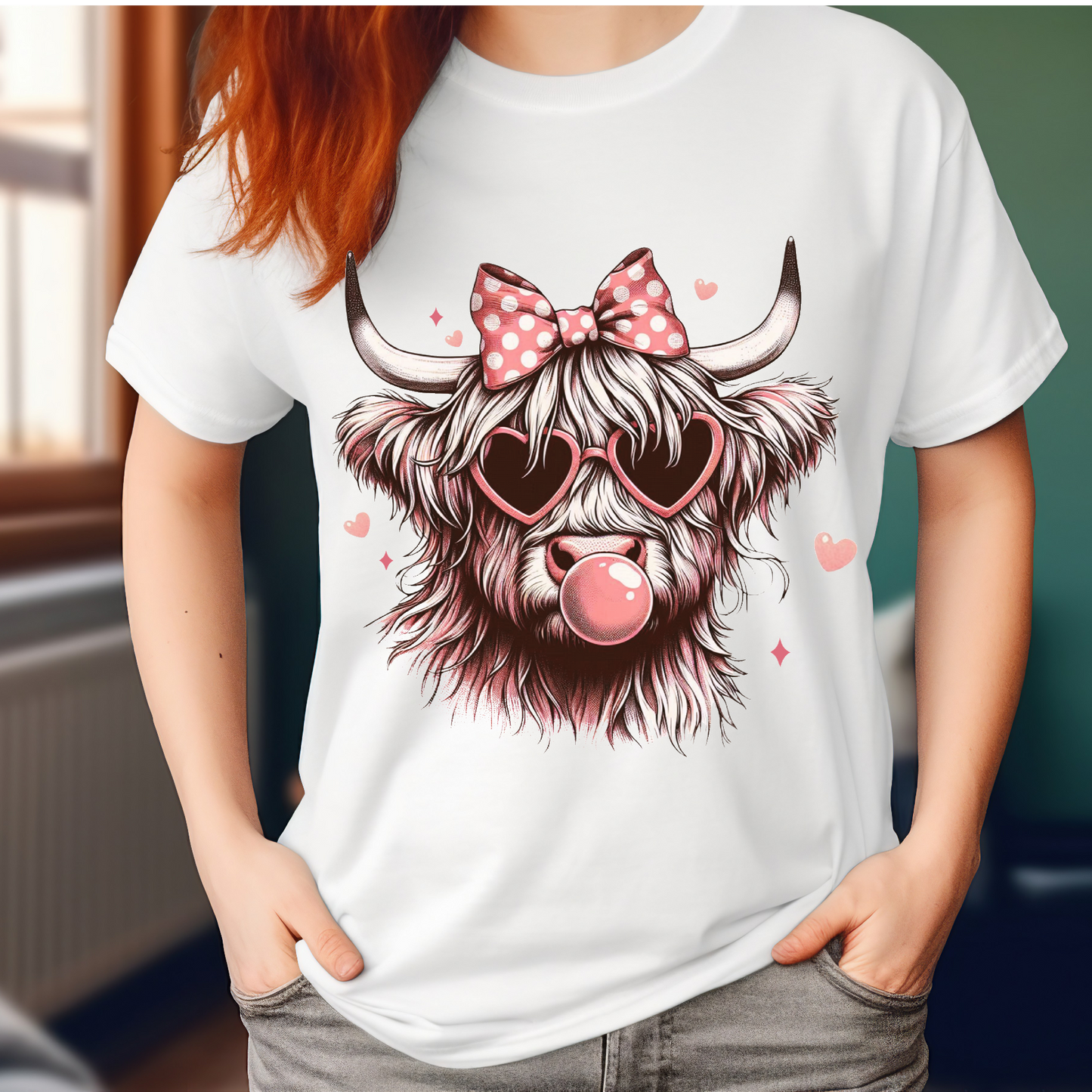 Highland cow with bubblegum T-shirt