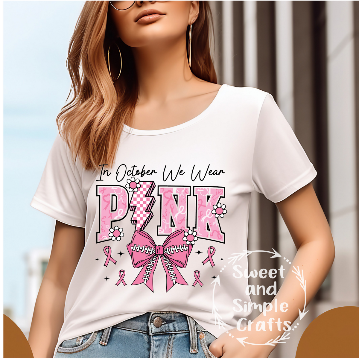 In October we were pink bow with checkers T-shirt