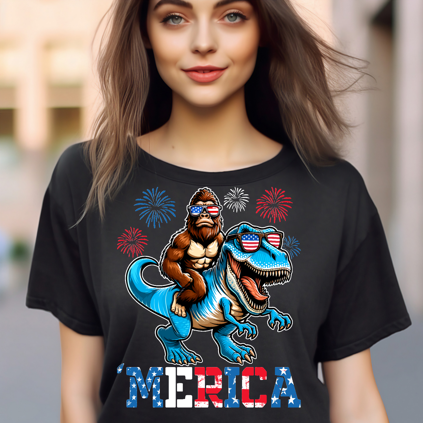 Merica Sasquatch riding a Trex T-shirt
