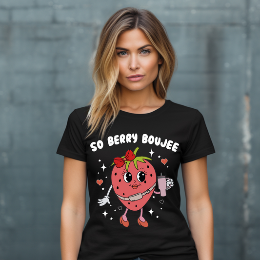 So berry bougie pink strawberry in white writing T-shirt